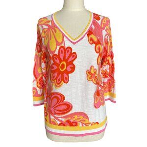 Talbots Floral Sweater Pink Yellow ¾ Sleeve Resort Vacation Summer Citrus-LP